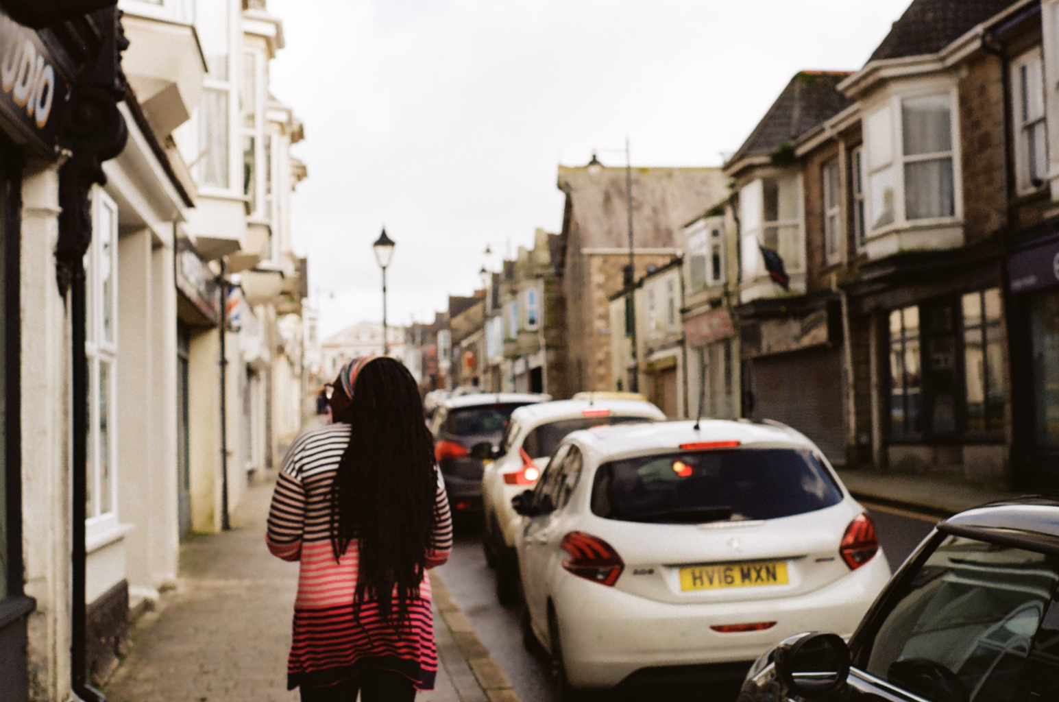 Bev walking down the street