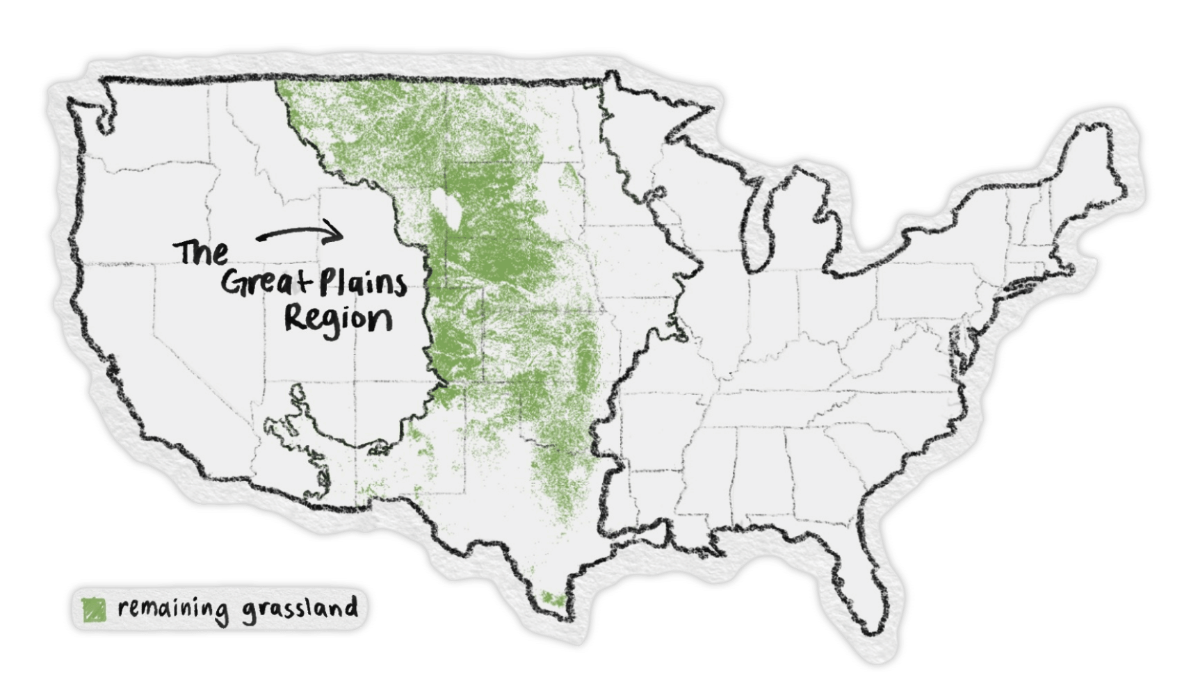 Map of the Great Plains region with what grasslands remain.