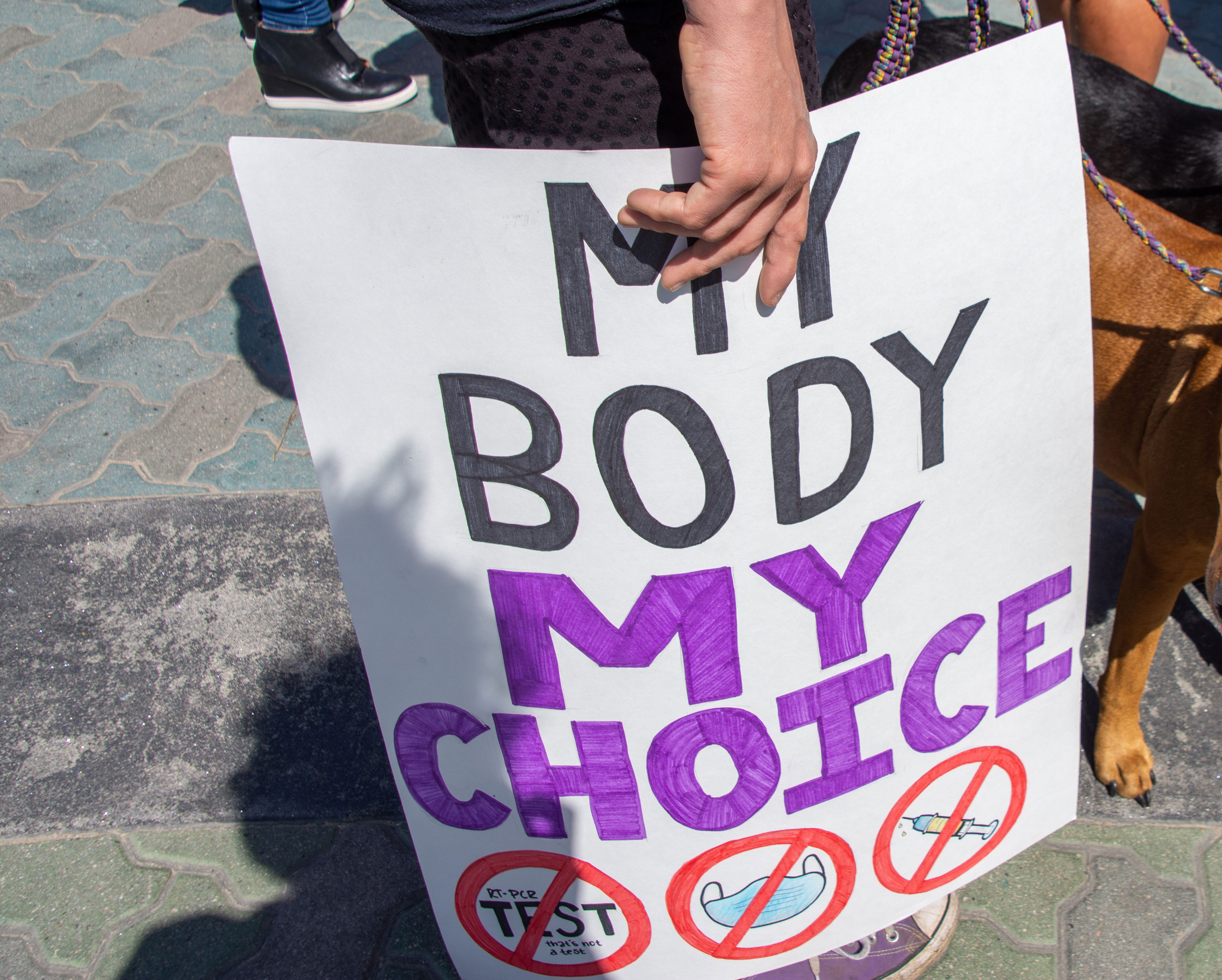 Anti-vaccine protester attends Orange County freedom rally at Huntington Beach Pier on March 20, 2021.