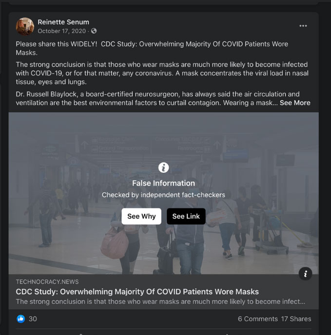 Screenshot of a Facebook post by Senum, which are often removed from the platform because of its content rules regarding misleading information.