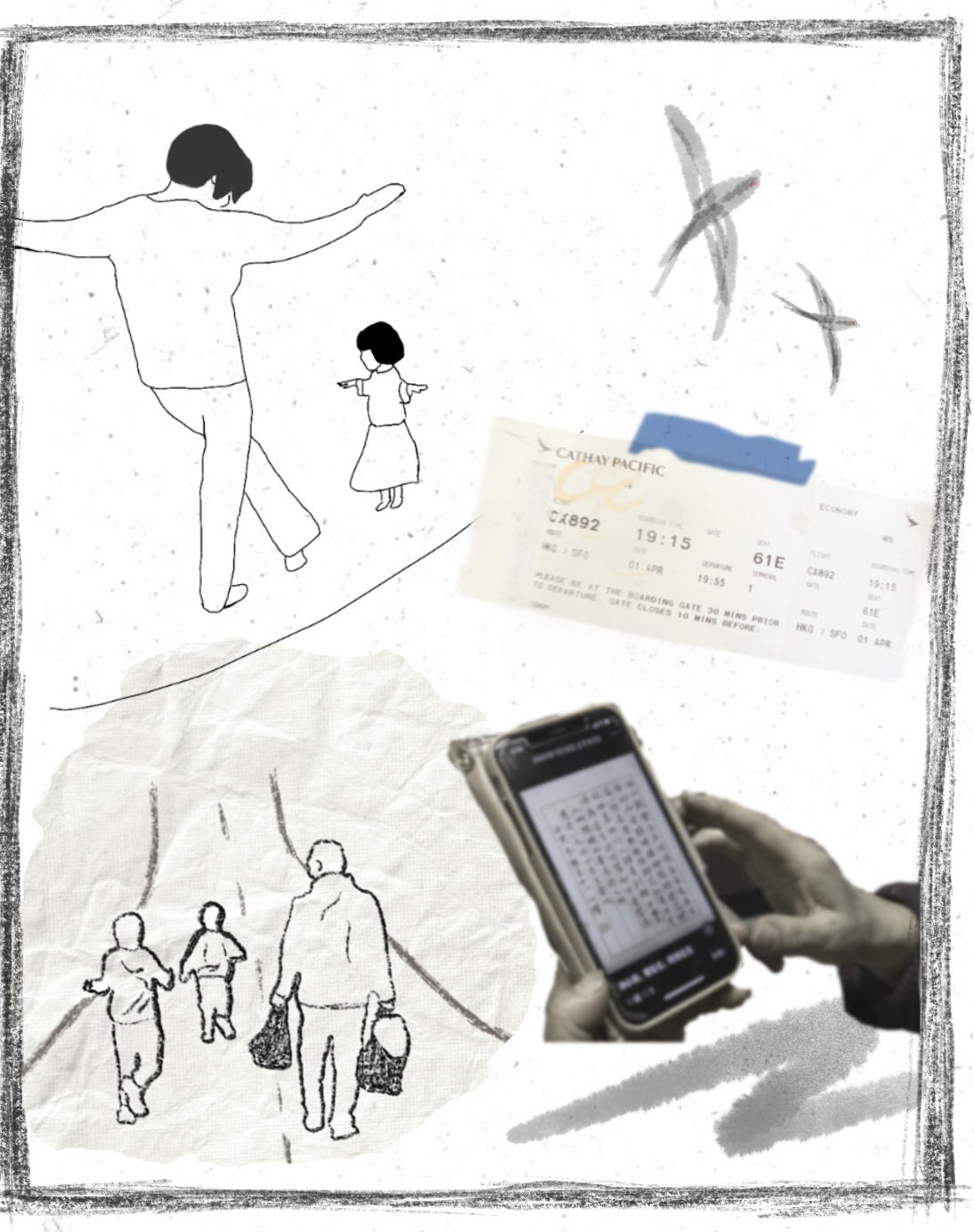 a collage of senior dancing with granddaugher, boarding pass, seniors walking home with two grandkids, and senior holding a phone