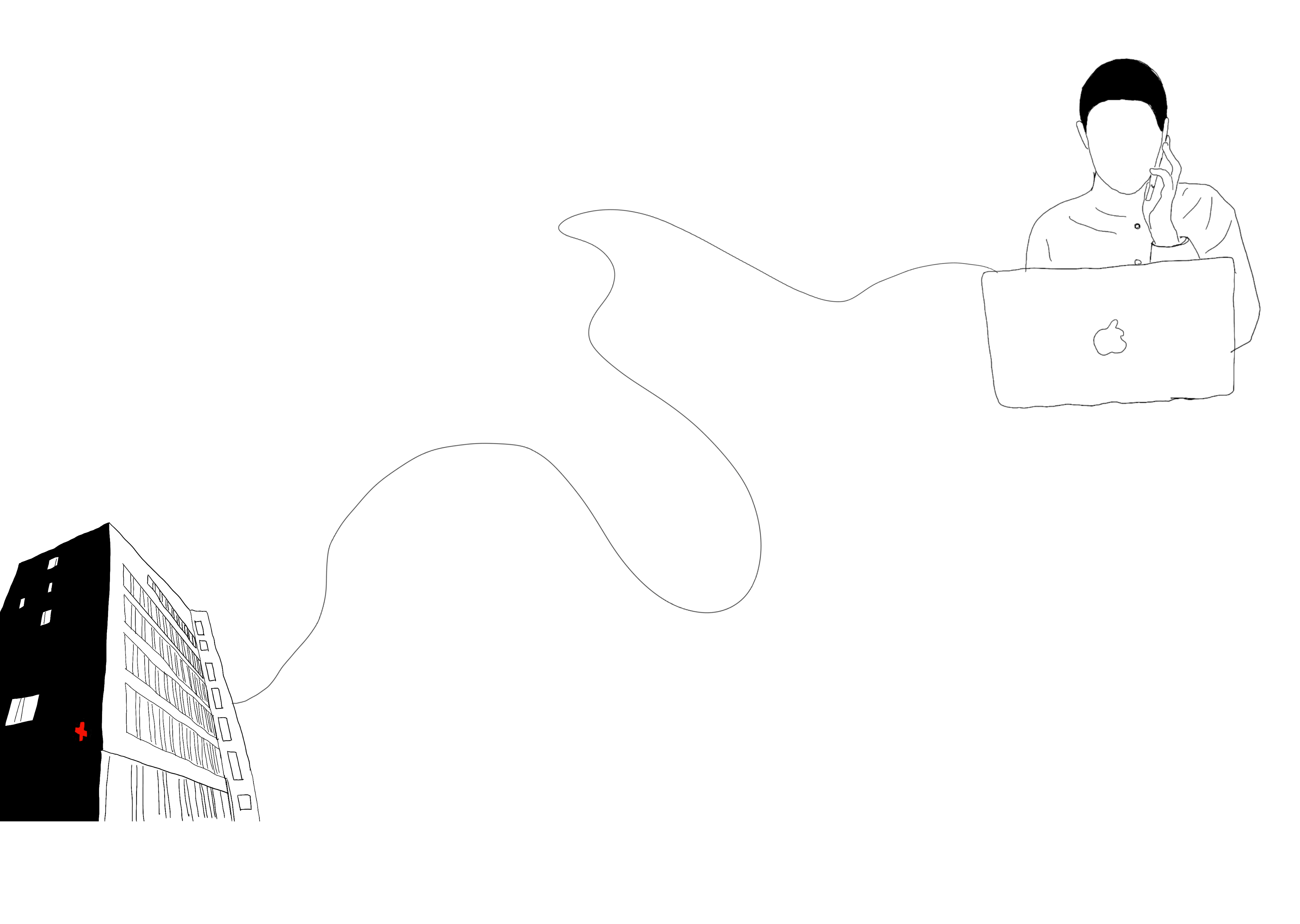 an illustration of a woman on the phone, connected with a hospital by a thin thread