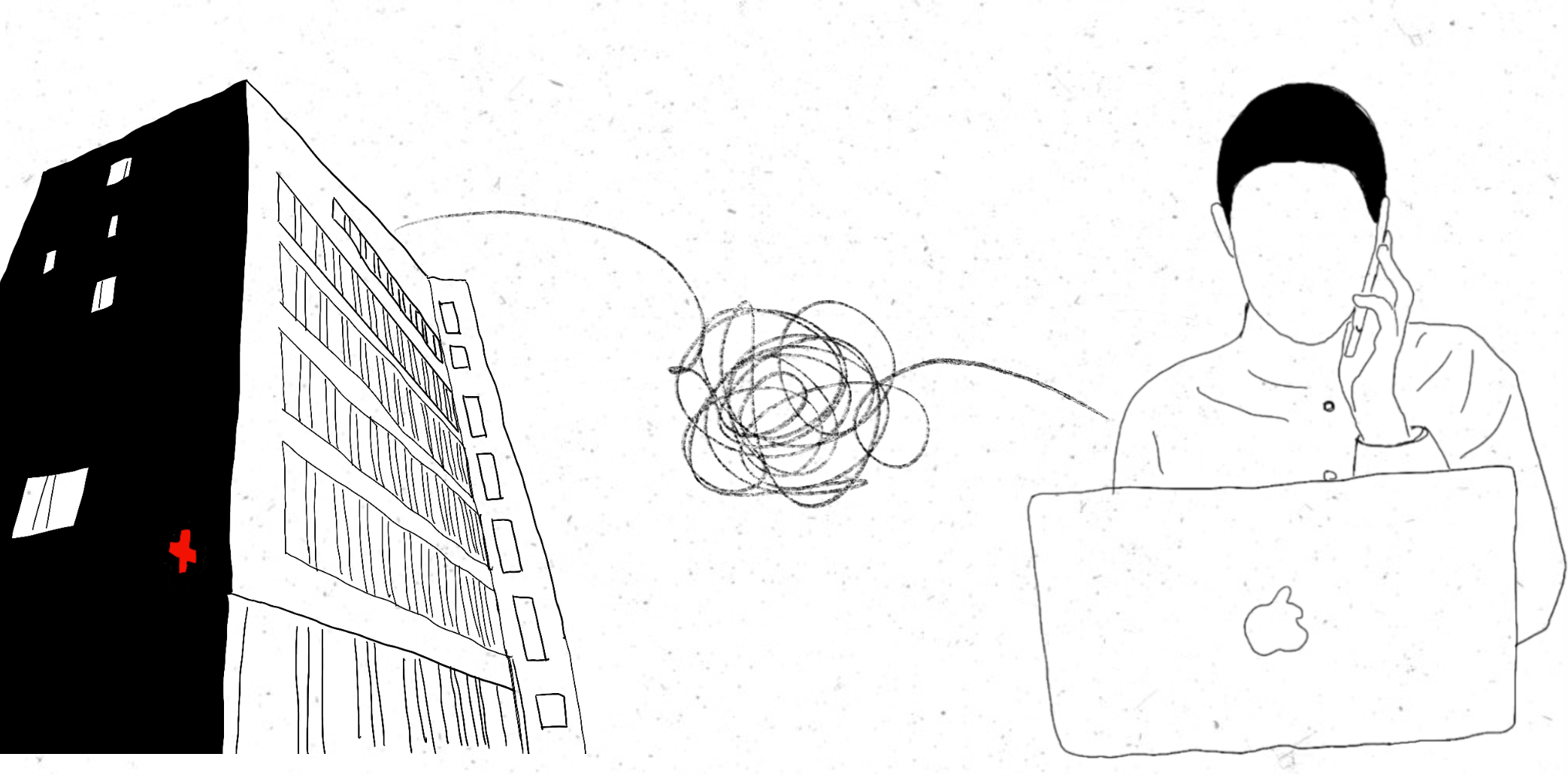 an illustration of a woman on the phone and a hospital