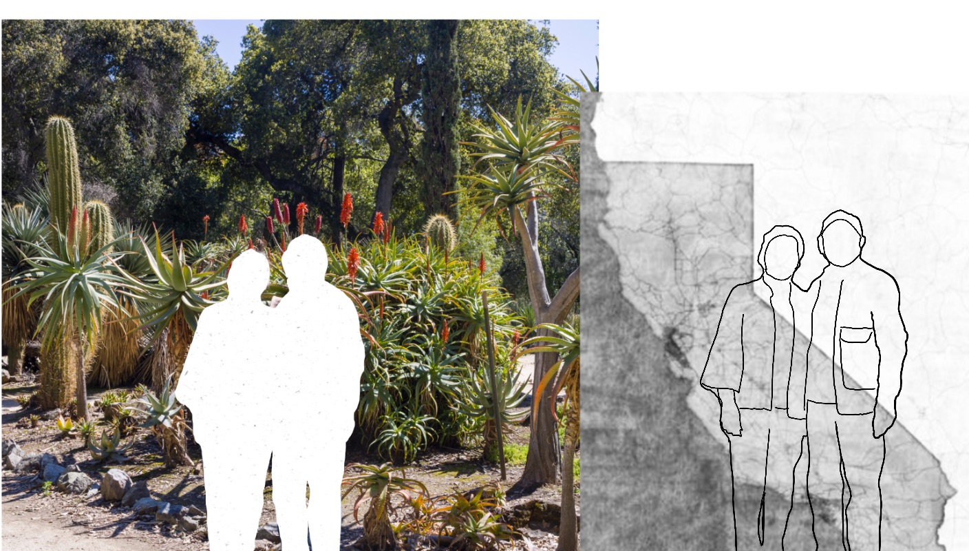 a collage of a Chinese couple being cut out to a map of California
