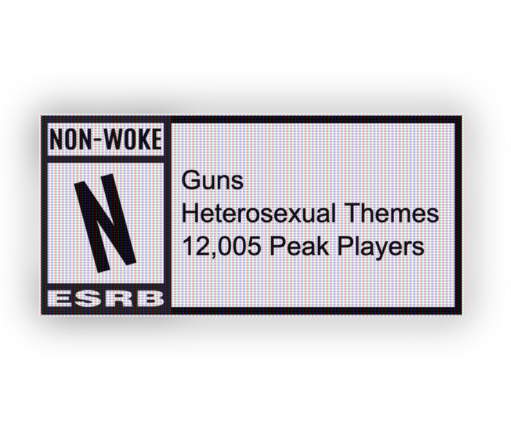 a send up of gaming ESB rating, but instead it says warning for not being woke due to guns and heterosexual themes