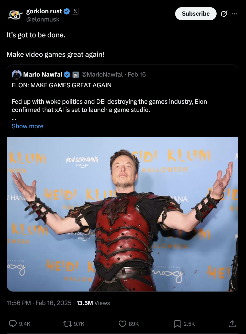 Tweet from Elon Musk saying a Trumpism to make games great again.