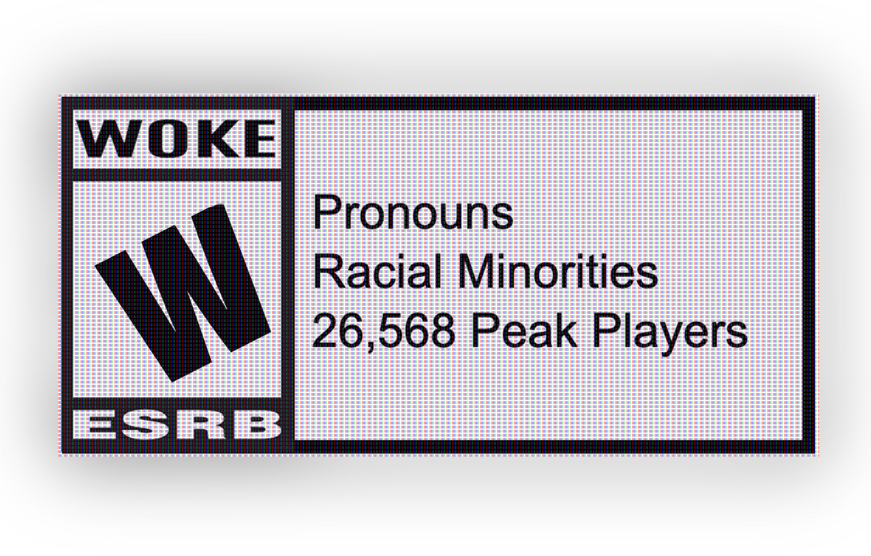 a send up of gaming ESB rating, but instead it says warning for being woke due to pronouns and racial minorities